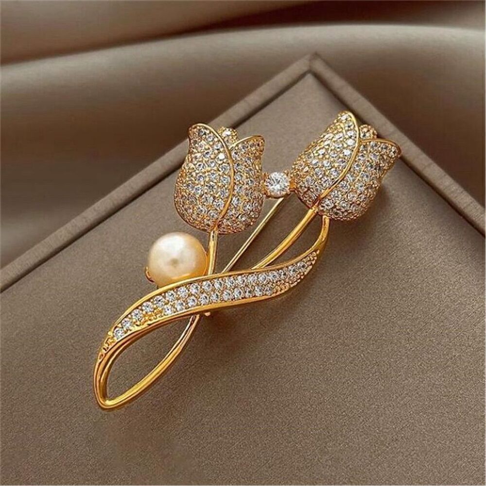 Small Classic Dainty Tulip Flower Brooch with Faux Pearl & Rhinestone Accents
